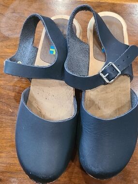 MIA Black Leather Slingback Clogs with Silver Buckle